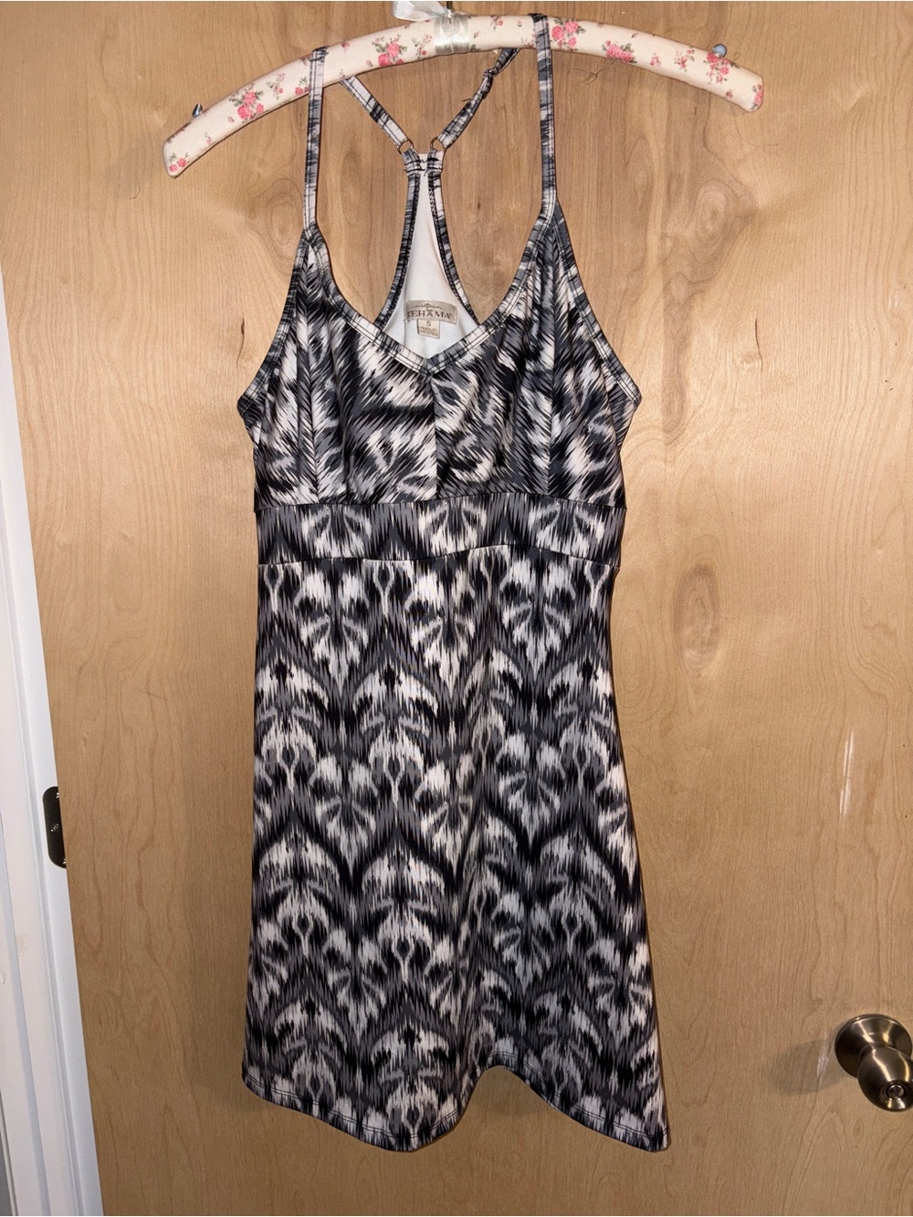 TEHAMA Black and White Patterned Racerback Mini Dress